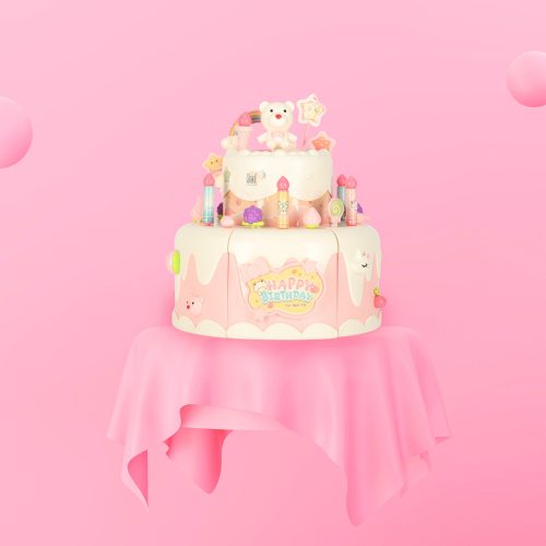 Birthday cake piled for cutting pink