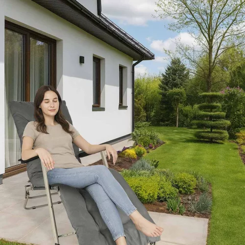 Garden folding lounger with cushion grey