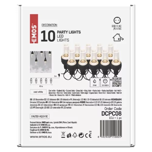 LED fényfüzér – 10x party égő átlátszó, 4,5 m, kültéri és beltéri, hideg fehér