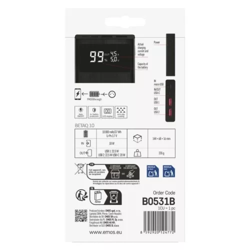 EMOS Powerbank BETAQ 10, 10 000 mAh, 22,5 W, fekete