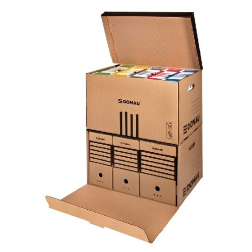 Archiving container for boxes DONAU 555x370x315 mm with upward-opening roof brown