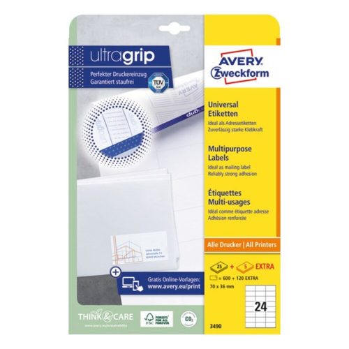 Label AVERY 3490 70x36 mm white universal 720 labels/box 30 sheets/box