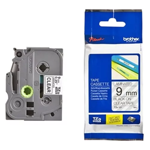 Labeling tape BROTHER TZe-121 9mmx8m on a laminated transparent base, writing color black