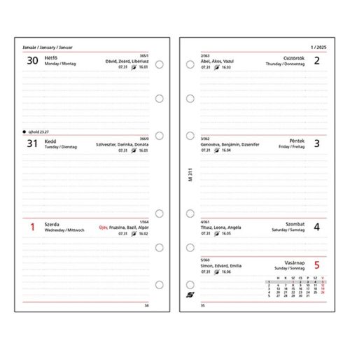 Ring calendar insert SATURNUS M311/F weekly white flat 2025.
