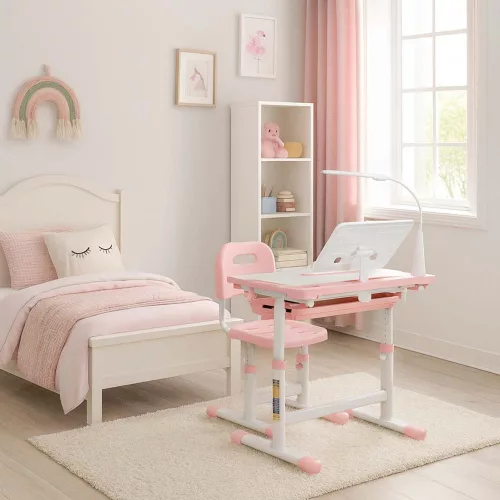Children's desk with drawer chair lamp pink
