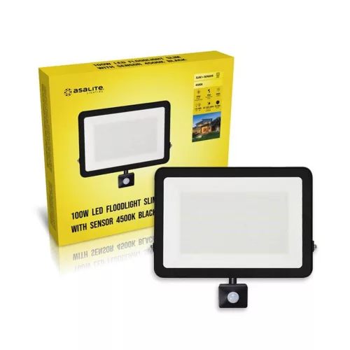  LED spotlight, 100W, 9000 lm, slim, motion sensor, black, natural white, IP65, Asalite