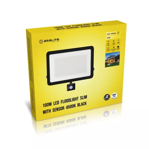  LED spotlight, 100W, 9000 lm, slim, motion sensor, black, natural white, IP65, Asalite