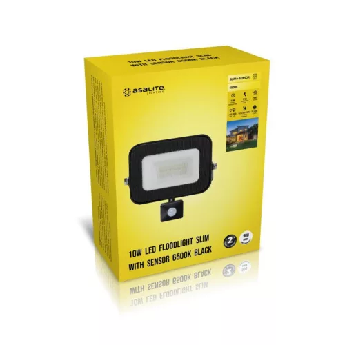  LED spotlight, 10W, 900 lm, slim, motion sensor, black, natural white, IP65, Asalite