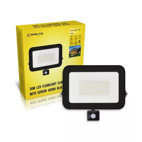  LED spotlight, 30W, 2700 lm, slim, motion sensor, black, natural white, IP65, Asalite
