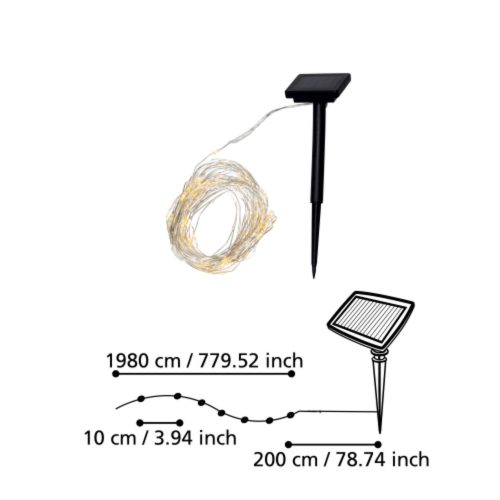  LED string light, outdoor, solar, nano, 200 LED, 2 m, warm white, IP44, EGLO, 48886