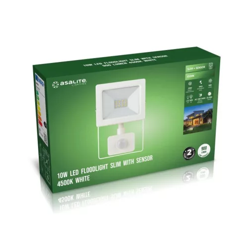 Asalite LED White Spotlight Slim 10W 4500K (900 lumens) + Motion Sensor
