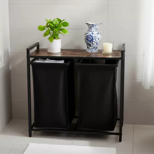 Rustic laundry basket with shelf top 2 compartments