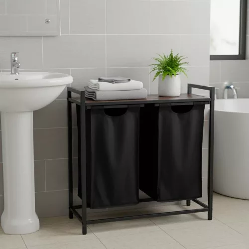 Rustic laundry basket with shelf top 2 compartments