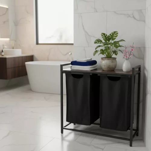 Rustic laundry basket with shelf top 2 compartments