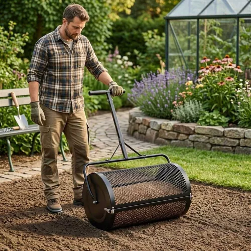 Garden mesh roller compost spreader