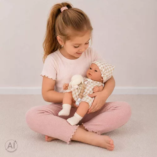Baby doll in carrier with mascot beige