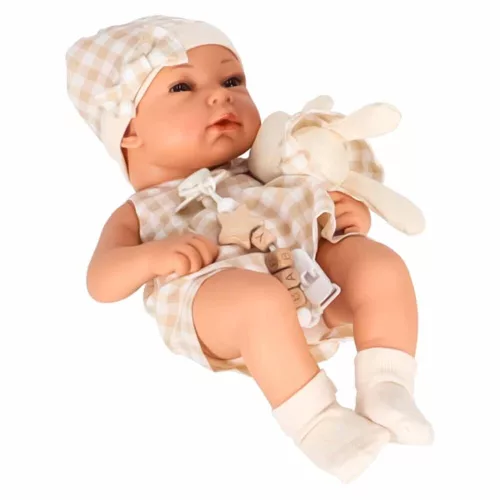Baby doll in carrier with mascot beige