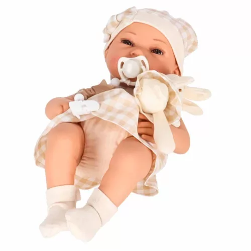 Baby doll in carrier with mascot beige