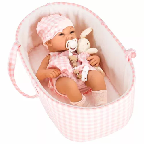 Baby doll in carrier with mascot pink