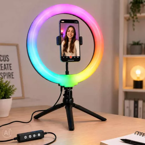 RGB LED selfie ring light on tripod