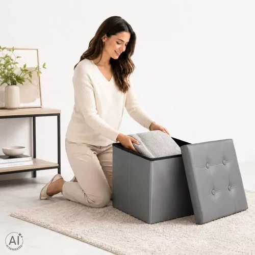 Folding pouffe with storage leather 38x38x38cm grey