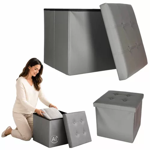 Folding pouffe with storage leather 38x38x38cm grey