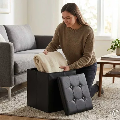 Folding pouffe with storage leather 38x38x38cm black