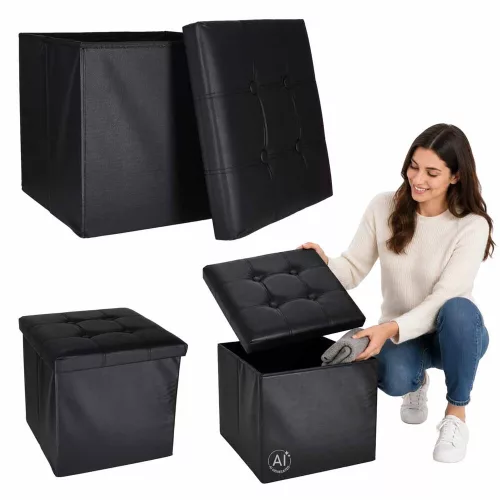 Folding pouffe with storage leather 38x38x38cm black