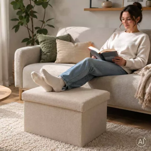 Folding pouffe with storage compartment beige