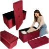 Folding pouffe with storage compartment quilted velour red