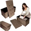 Folding pouffe with storage compartment quilted velour brown