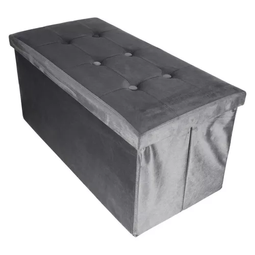 Folding pouffe with storage compartment quilted velour grey