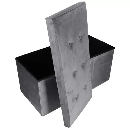 Folding pouffe with storage compartment quilted velour grey