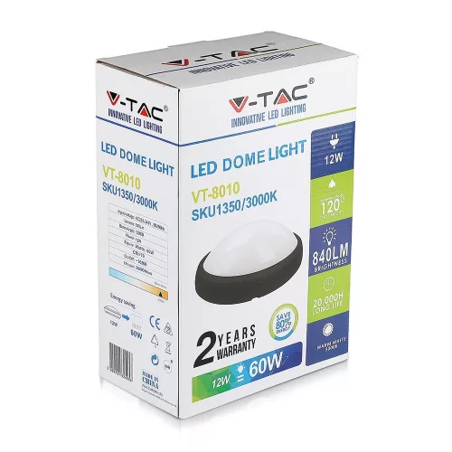 VT-8010 12W Full Oval Ip54 Dome Lights 3000K Black Body