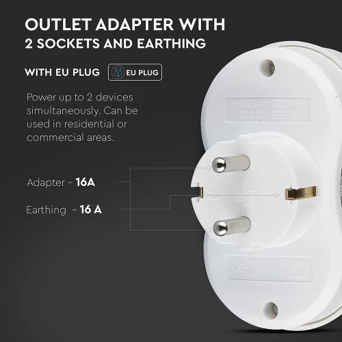 VT-1042 2 Outlet Adapter 16A With Earthing Contact 16A-White