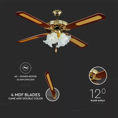 VT-6056-4 55W Ceiling Fan With 4 Light -Pull Chain Control-4 Blades-Ac Motor