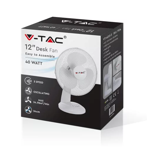 VT-4012-3 40W Desk Fan With Knock-Down Base-4 Buttons-3 Blades(12Inch)