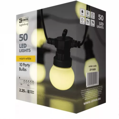LED light string - 10x party lights, opal, 5 m, outdoor and indoor, warm white
