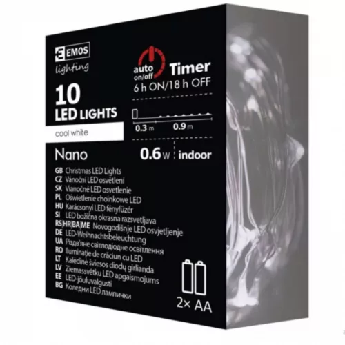 LED Christmas nano light string, silver, 0.9 m, 2x AA, indoor, cold white, timer