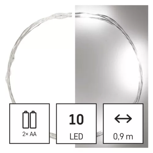 LED Christmas nano light string, silver, 0.9 m, 2x AA, indoor, cold white, timer