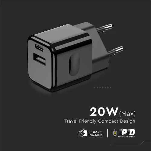 VT-5320 20W Charging Adapter 1 Pd+1 Qc Port Black