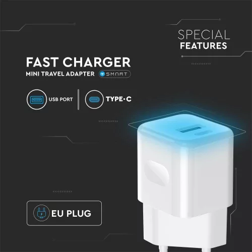 VT-5320 20W Charging Adapter 1 Pd+1 Qc Port White