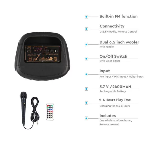 VT-4000W 400W Rechargeable Speaker 1 Wired Microphone Rf Control & Handle 2X6.5Inch