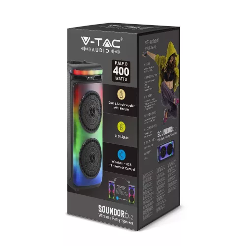 VT-4000W 400W Rechargeable Speaker 1 Wired Microphone Rf Control & Handle 2X6.5Inch