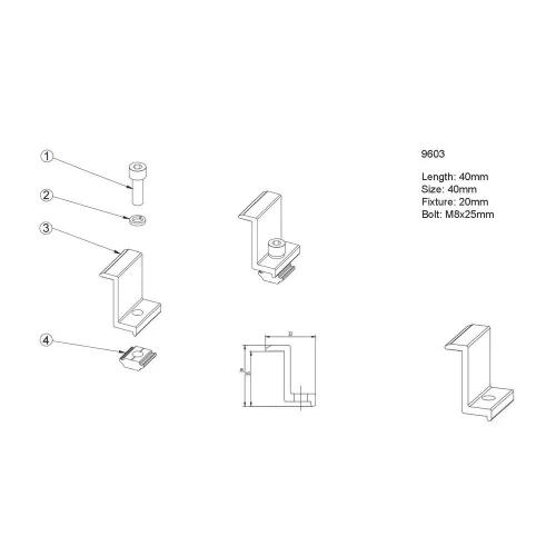 END CLAMP M8*25mm INNER BOLT+T-FIXTURE FOR SOLAR 35mm