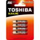 AA (LR03) 1.5 Volt 4 pieces Long-lasting Red Alkaline TOSHIBA