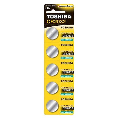 Button cell battery CR2032, flat cell, 3 Volt, 5 pieces, long-lasting, battery, mercury-free, TOSHIBA