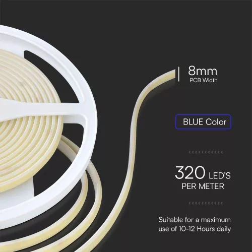 5 meters LED strip, outdoor, 24 Volt DC, COB, 320 LED/m, DOTLESS, 10 W/m, blue, IP67
