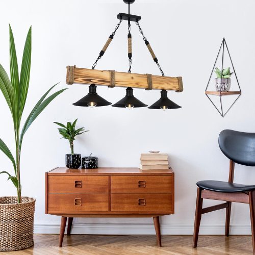 Rustic Chandelier, Walnut & Black, Adjustable Height, 75 cm