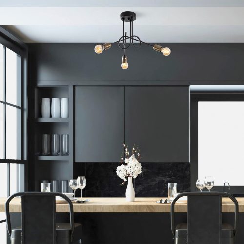 Industrial Chandelier, Metal Body, Black & Antique Finish, 46 x 46 cm, Height: 32 cm, 3 x E27 Max 15W, Stylish Lighting for Modern Spaces